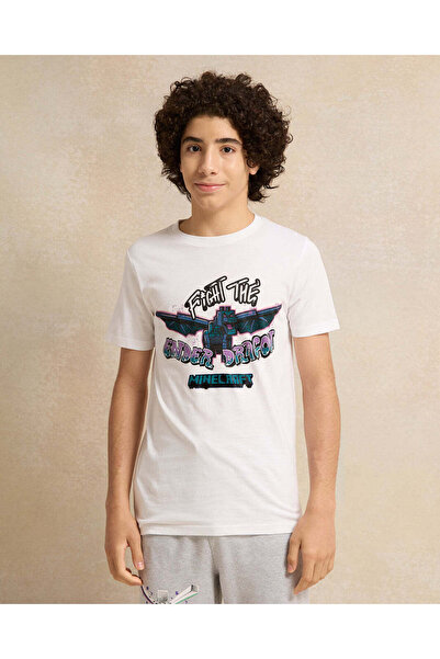 REDTAG تي شيرت ماين كرافت أبيض مطبوع عليه تنين طائر للأولاد الكبار
