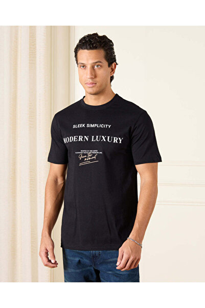 REDTAG Men Black Basic Graphic T-Shirt