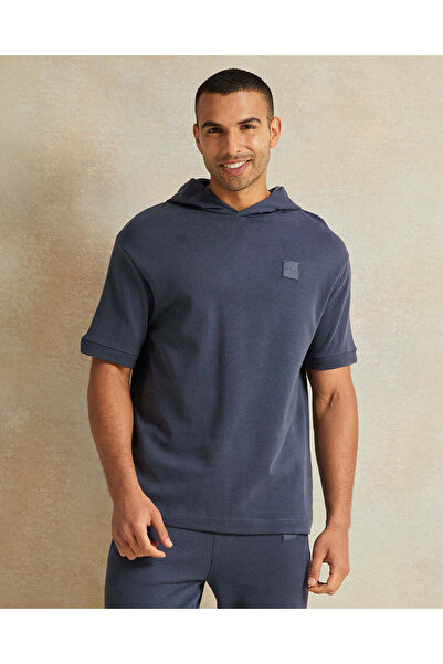 REDTAG Men Plain Grey Hooded Lounge Sweatshirt