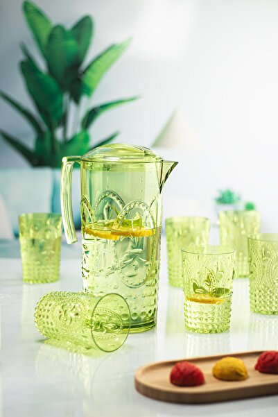 Mustran Acrylic Green Jug 2.3 Lt and 6 Pieces & Water Soft Drink Coffee Side Glass 400 ml Set (Not Glass)