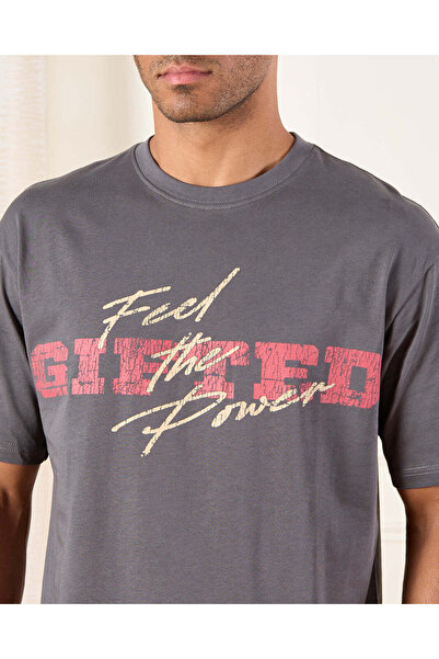 REDTAG Men Charcoal Printed T-Shirt