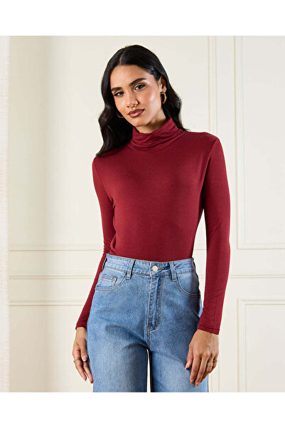 REDTAG Women Burgundy Turtle Neck Top
