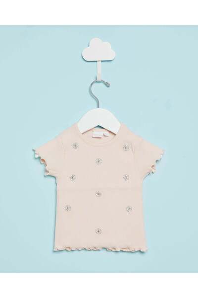 REDTAG Infant Girls Peach Embroidered T-Shirt