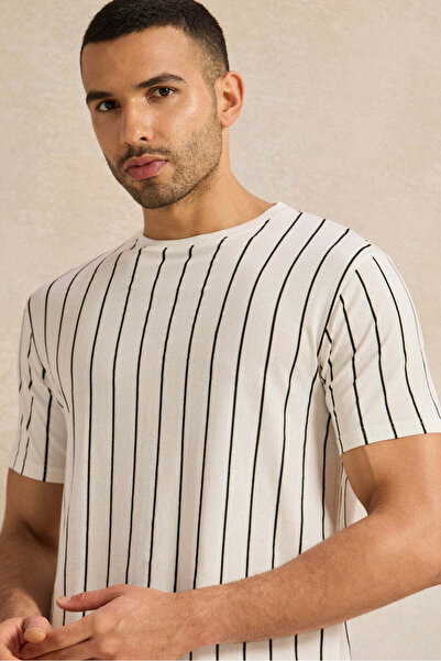 REDTAG Men Ivory Striped T-Shirt