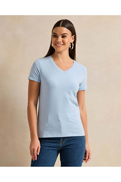 REDTAG Women Blue Short Sleeve V Neck T-Shirt