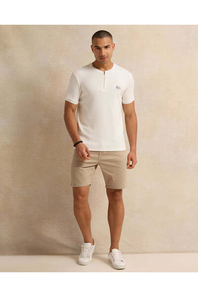 REDTAG Men White Jacquard Zip Front T-Shirt