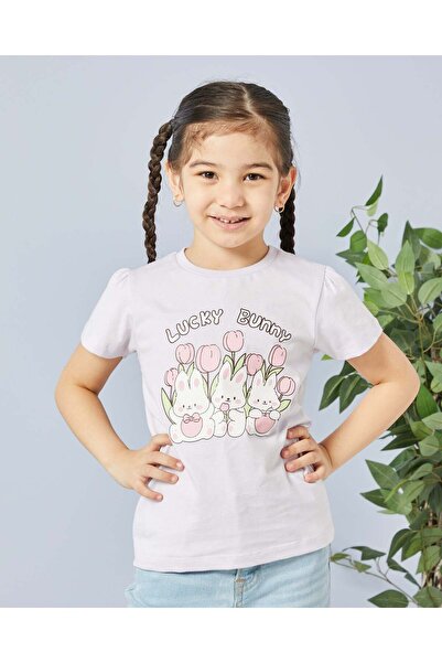 REDTAG Girls Lilac Bunny Placement Print T Shirt
