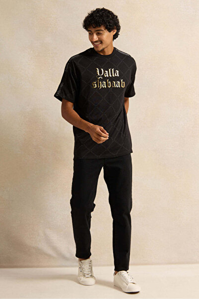 REDTAG Men Black Yalla Shabab Print T-Shirt