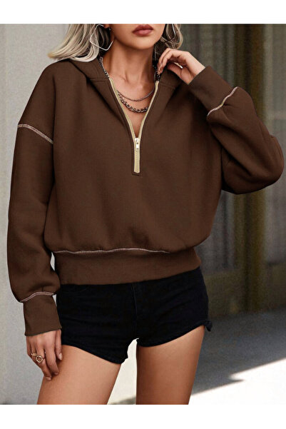 MOONBULL Γυναικείο φούτερ με κουκούλα με κίτρινη ραφή και λεπτομέρεια με μισό φερμουάρ σε χρυσό χρώμα