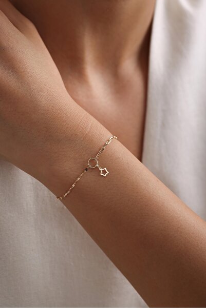 Giza Jewelry 14 Ayar Altın Slim Yıldız Sallantılı Işıltılı Bileklik