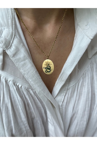 STOLIA قلادة ميدالية من الفولاذ 316L مع تفاصيل الزركون ونقش الثعبان