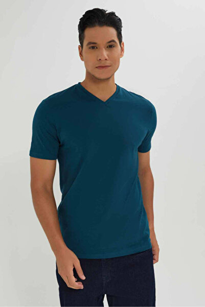REDTAG Teal V-Neck T-Shirt