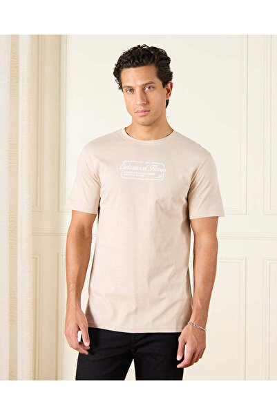 REDTAG Men Beige Basic Graphic T-Shirt