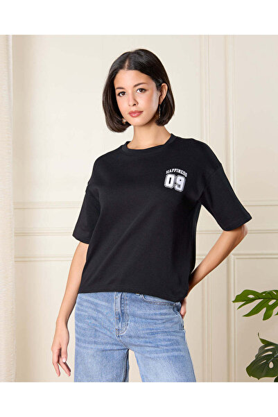 REDTAG Women Black Embroidered T-Shirt