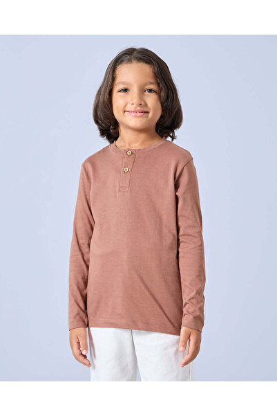 REDTAG Boys Brown Henley Long Sleeve T-Shirt