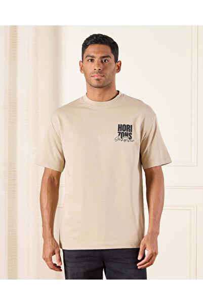 REDTAG Men Beige Printed T-shirt