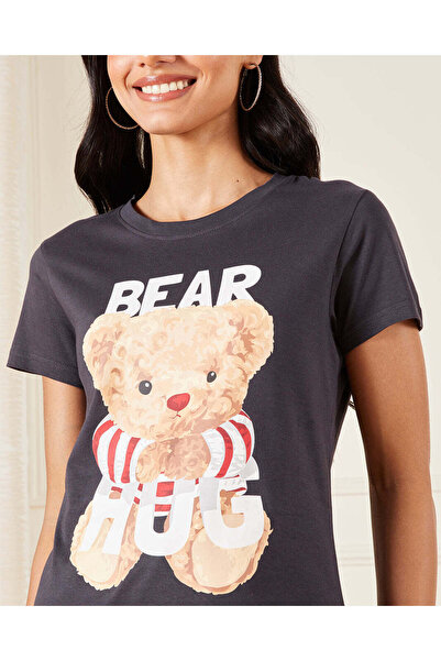 REDTAG Women Charcoal Printed T-Shirt