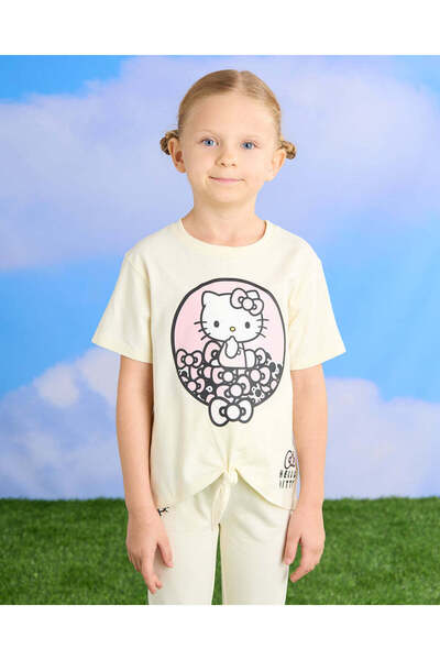 REDTAG Girls Yellow Hello Kitty Puff Print Front Tie Up T-Shirt