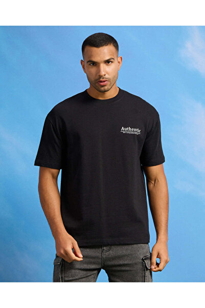 REDTAG Men Black Terry Printed T-Shirt