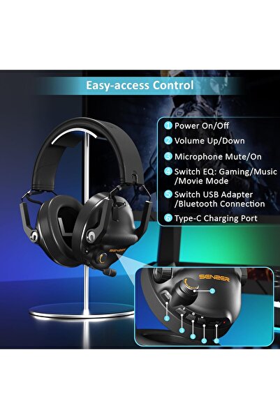 SENZER Ασύρματα ακουστικά παιχνιδιών, USB dongle 2,4 Ghz, αναδιπλούμενο μικρόφωνο με λειτουργία ακύρωσης θορύβου