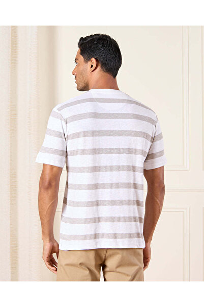 REDTAG Men Ivory Striped T-Shirt