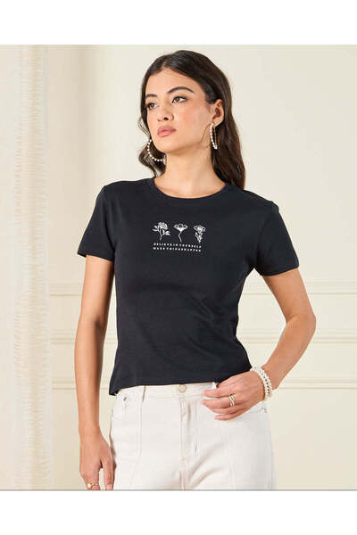 REDTAG Women Black Printed T-Shirt