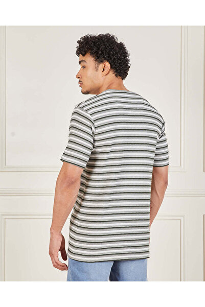 REDTAG Men Grey Striped T-Shirt