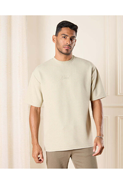REDTAG Men Beige Jacquard T-Shirt