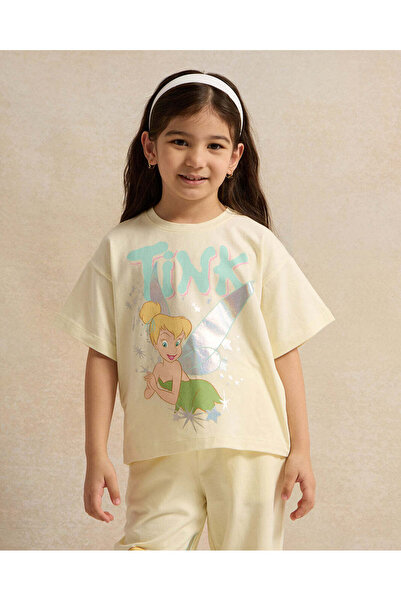 REDTAG تي شيرت بناتي أصفر مزين بالترتر من تينكربيل