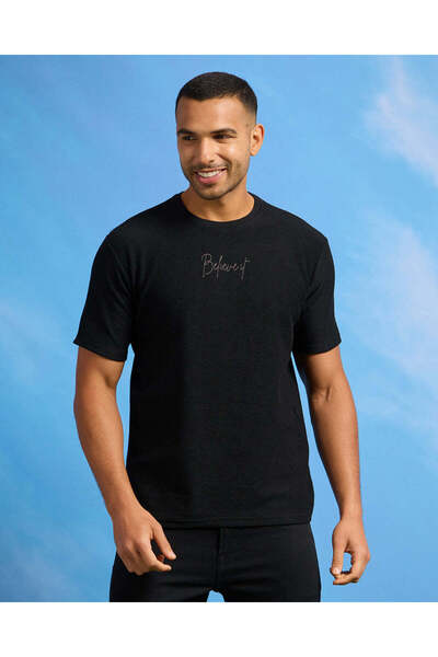 REDTAG Men Black Jacquard T-Shirt