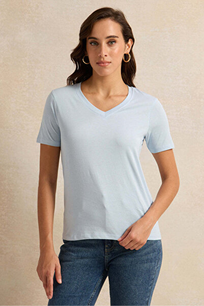 REDTAG Women Blue Short Sleeved T-Shirt