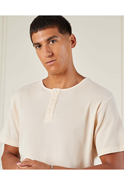 REDTAG Men Cream Knitted Henley Polo Shirt