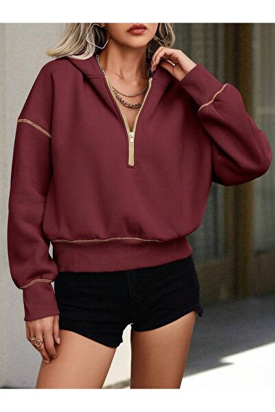 MOONBULL Women's Yellow Stitched Gold Half Zipper Detailed Hooded Sweatshirt