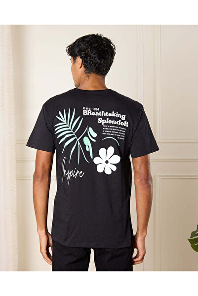 REDTAG Men Black Floral Print T-Shirt