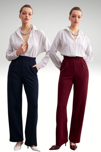 Know 2Li Set Laci-Bordo Likralı Cırt Kapamalı Palazzo Pantolon