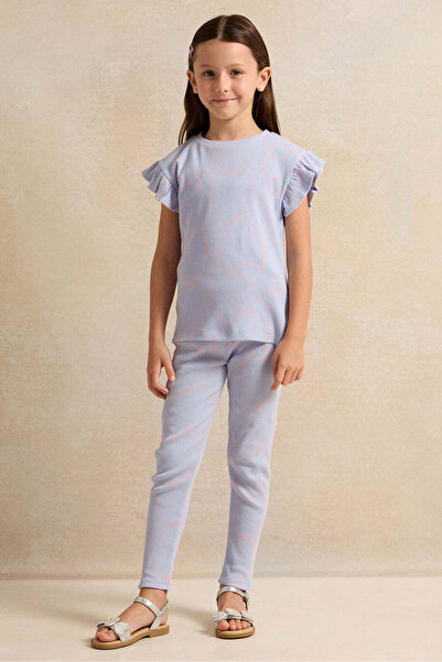 REDTAG Girls Blue Rib Frill Sleeve T-Shirt
