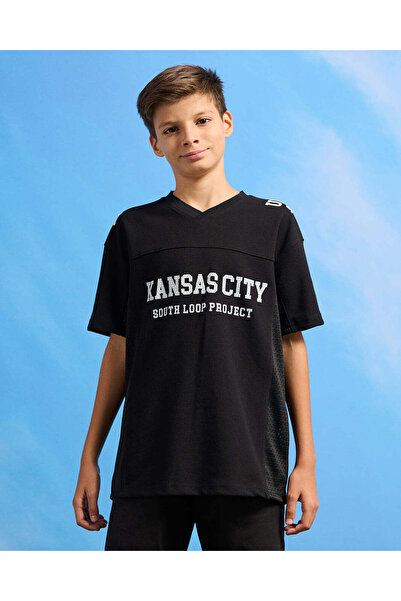 REDTAG Senior Boys Black Oversize Rugby T-Shirt