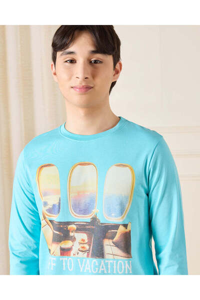 REDTAG Senior Boys Teal Astronaut Selfie Graphic T-Shirt