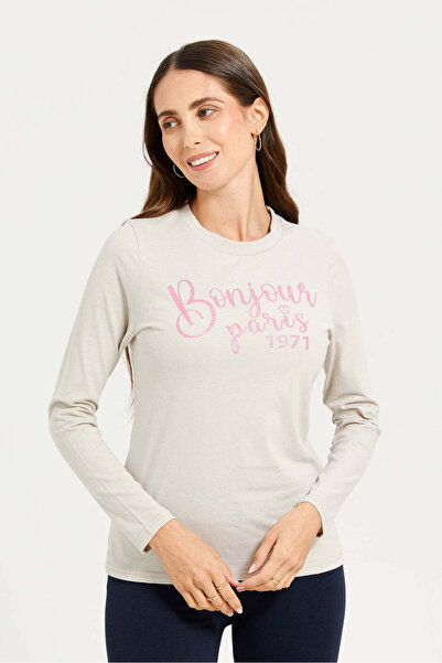 REDTAG تي شيرت نسائي عاجي اللون بأكمام طويلة مطبوع