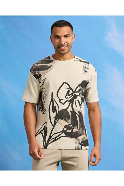 REDTAG Men Beige Printed T-Shirt