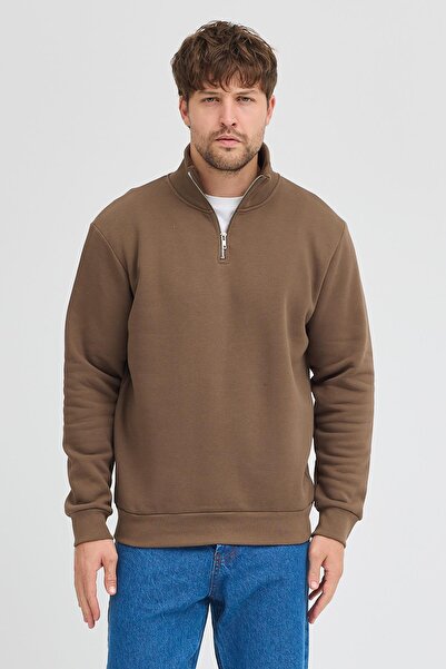 Polo State Unisex Regular Fit Comfortable Cut Cotton Fleece Inside Half Zipper Brown Mock Neck Sweatshirt