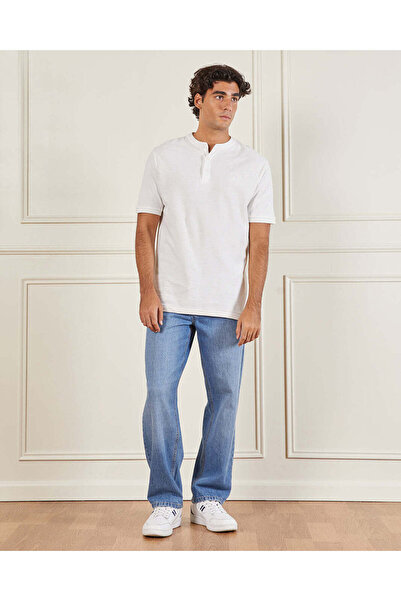 REDTAG Men White Mandarin Collar T-Shirt