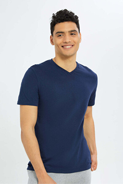 REDTAG Navy V-Neck Regular Fit T-Shirt
