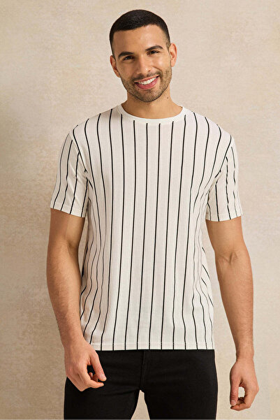 REDTAG Men Ivory Striped T-Shirt