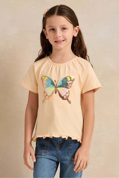 REDTAG Girls Orange Butterfly Printed Embellished T-shirt