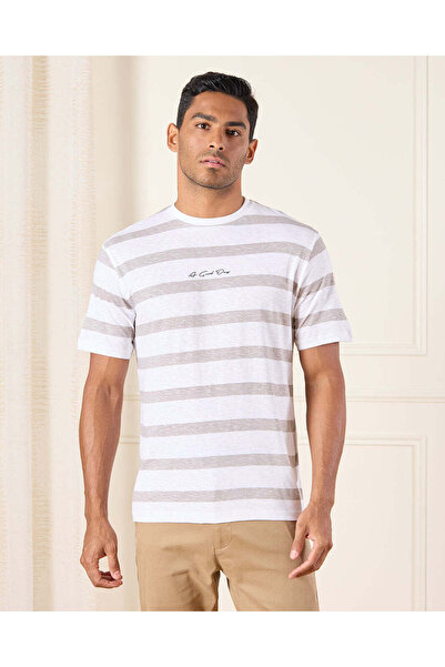 REDTAG Men Ivory Striped T-Shirt