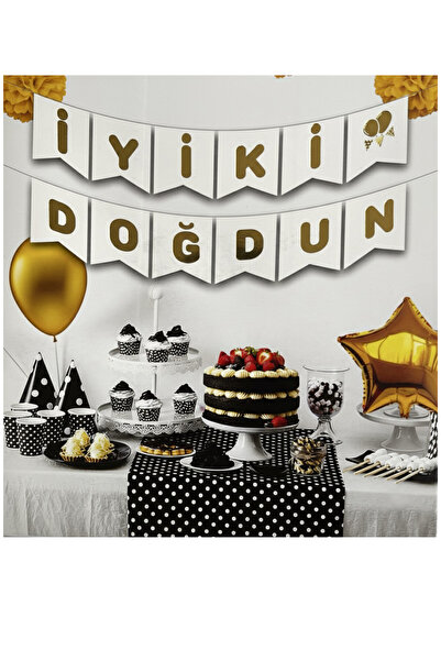 Happyline Happy Birthday Lettering White with Gold Writing Party Banner Birth...