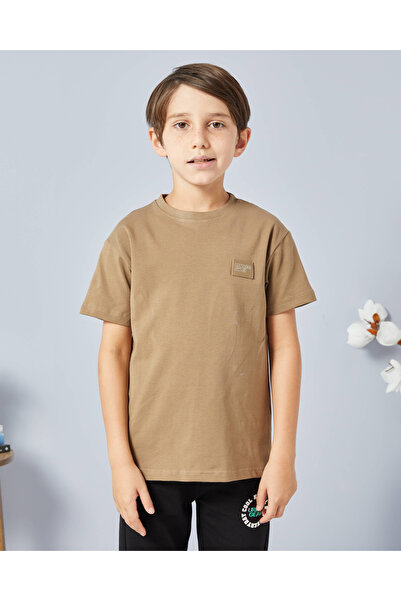 REDTAG Boys Brown Cotton Spandex Loose Fit T-shirt