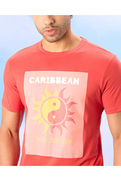 REDTAG Men Red Caribbean Print T-Shirt