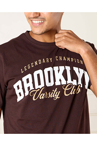 REDTAG Men Brown Brooklyn Print T-Shirt